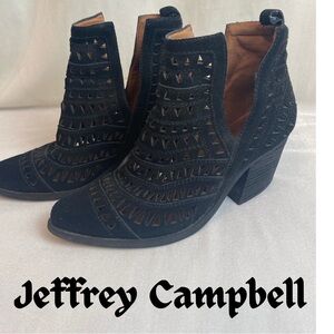 Jeffrey Campbell Black Leather Booties, Sz 7,  2 1/2” heel, laser cut leather.